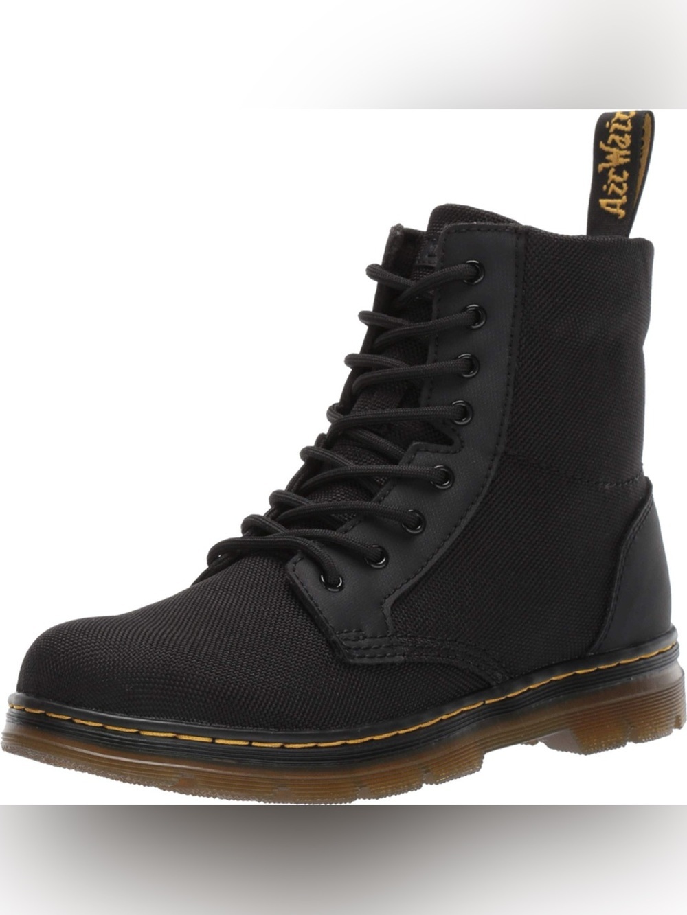 Dr. Martens Black Canvas Lace-Up Ankle Boot with Yellow Stitching
